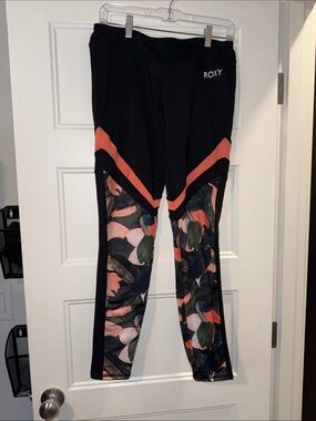 Roxy Black Leggings with Coral Chevron & Floral Panels